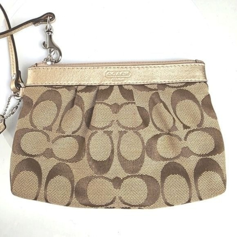 Coach Brown Gold Clutch Wristlet Coin Pouch Purse Small Canvas Jacquard Leather - Picture 1 of 9